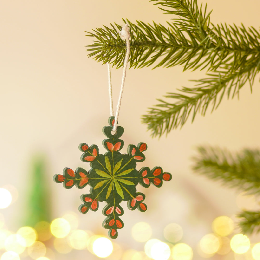 9 Pc | Handpainted Nordic Noel Green Folk Art MDF Ornament Set