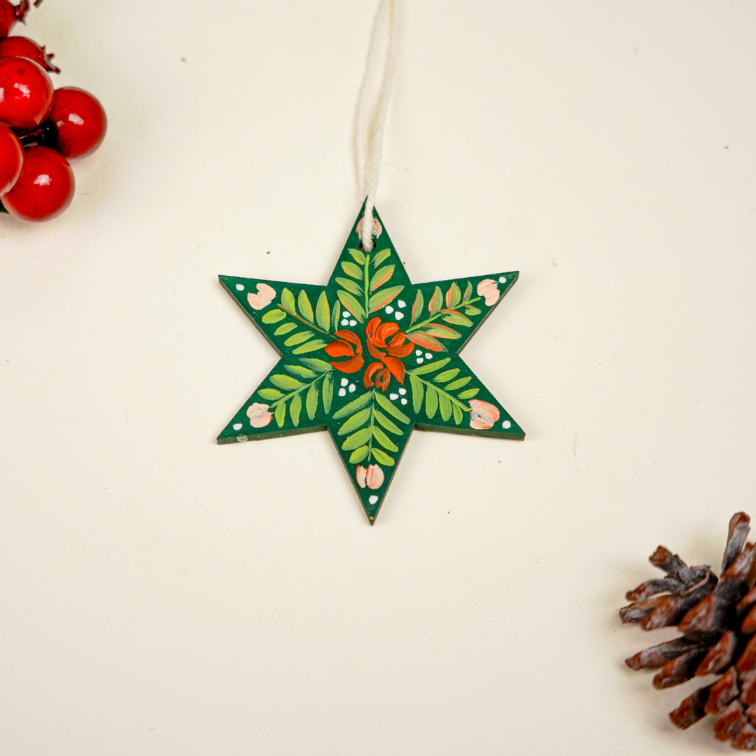 9 Pc | Handpainted Nordic Noel Green Folk Art MDF Ornament Set