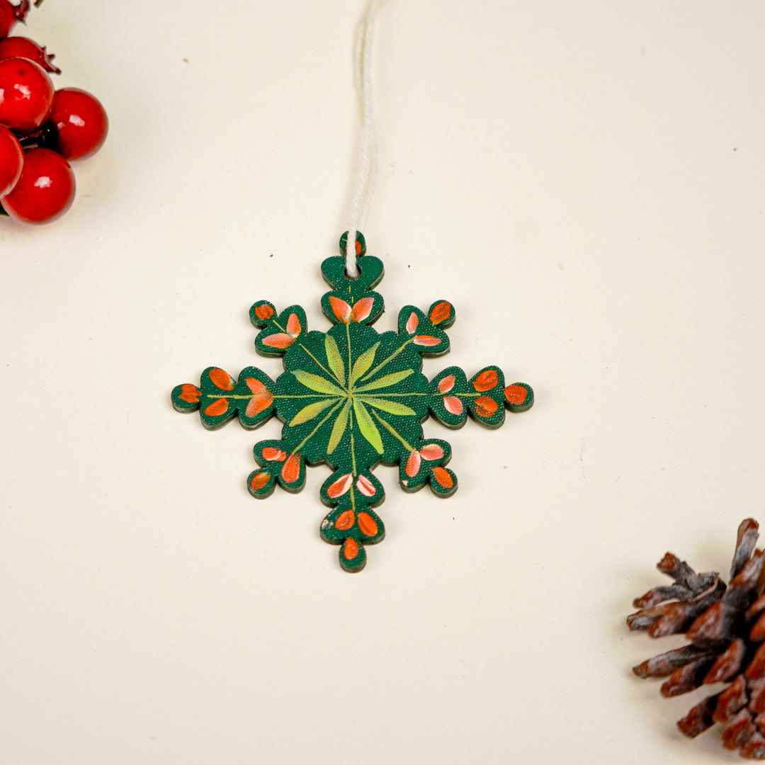 9 Pc | Handpainted Nordic Noel Green Folk Art MDF Ornament Set