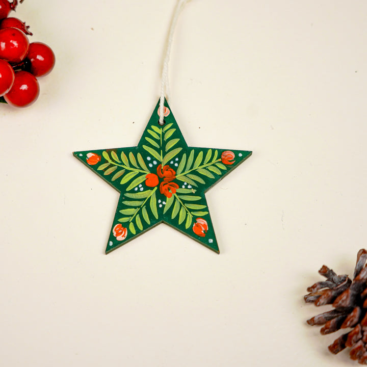9 Pc | Handpainted Nordic Noel Green Folk Art MDF Ornament Set