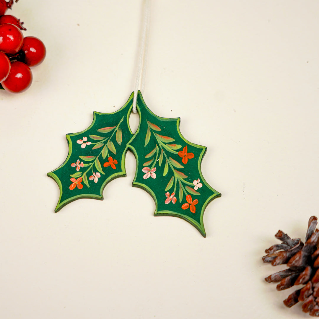 9 Pc | Handpainted Nordic Noel Green Folk Art MDF Ornament Set