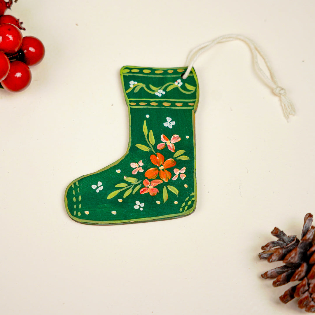 9 Pc | Handpainted Nordic Noel Green Folk Art MDF Ornament Set