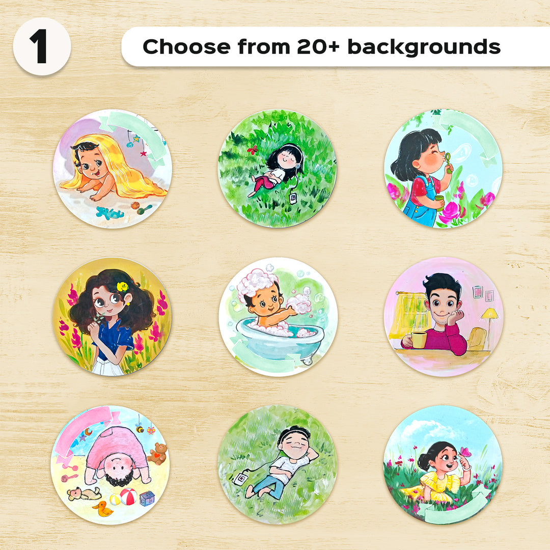 Photo Caricature Nameplate With Stand For Pets 7 - Multiple Circular Illustrations Displayed Flat