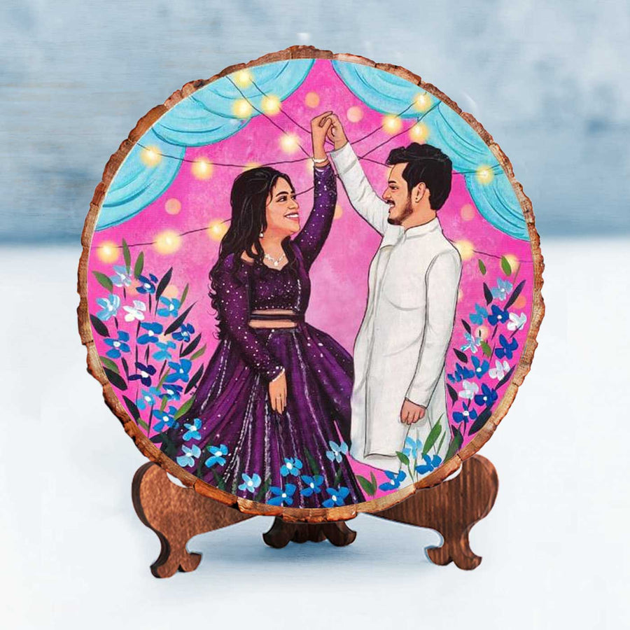 Photo Caricature Bark Nameplate With Stand For Wedding Couples - Front View on Display Stand