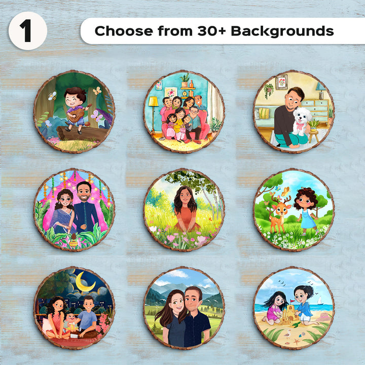 Photo Caricature Bark Nameplate With Stand Small Family - Multiple Background Options Display