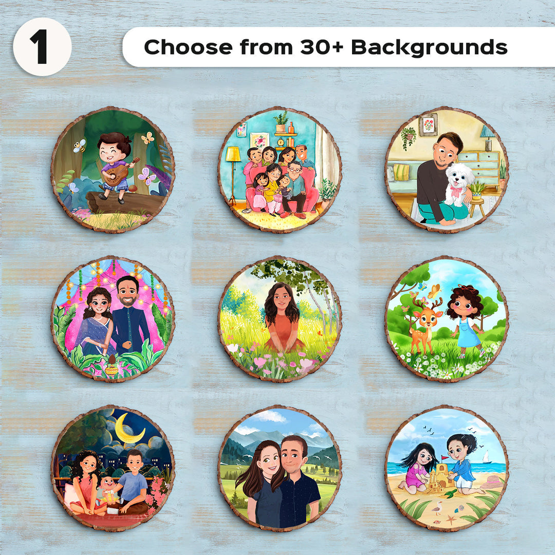 Photo Caricature Bark Nameplate With Stand For Christmas - Multiple Background Design Options Display