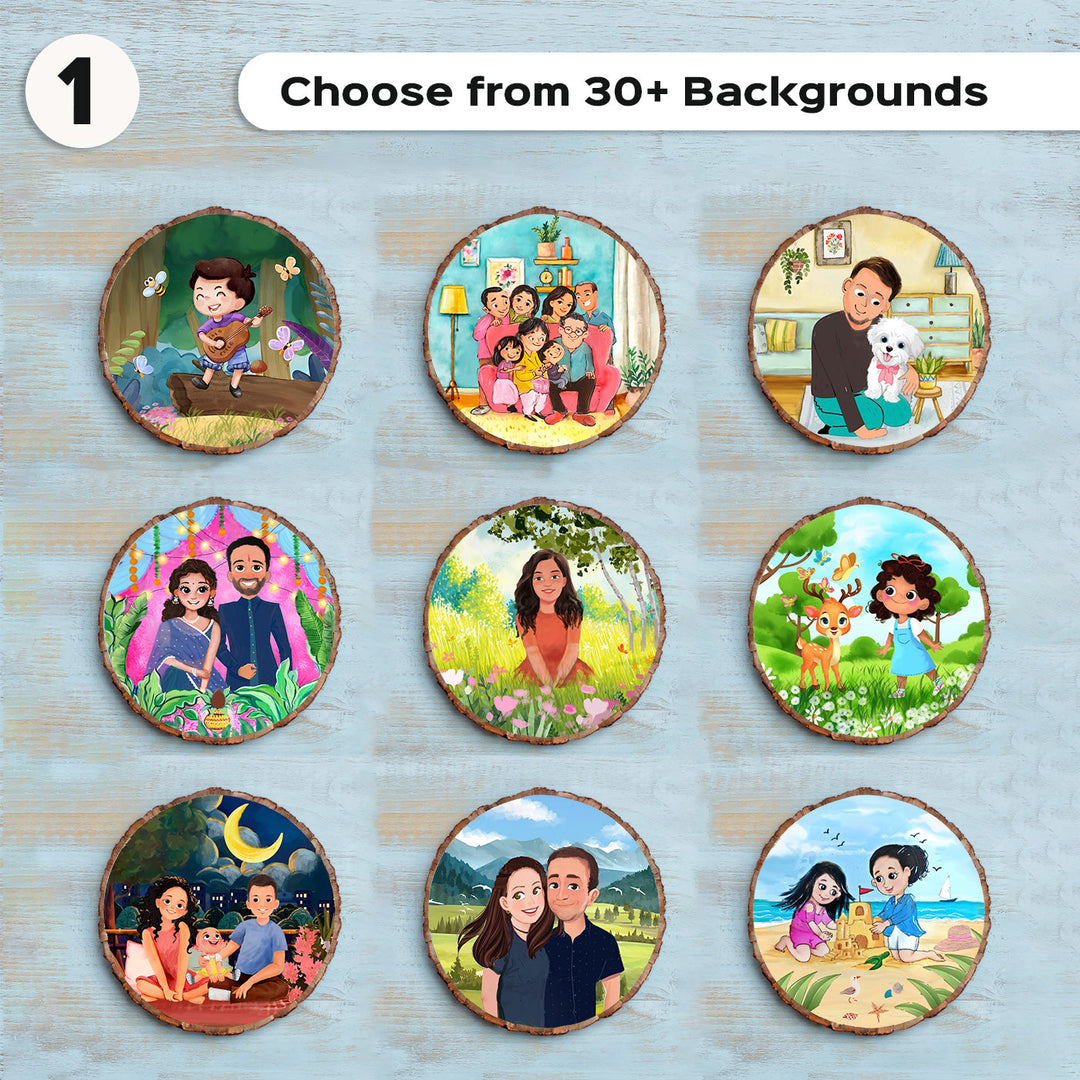 Photo Caricature Bark Nameplate With Stand For Kids 7 - Multiple Background Examples Displayed