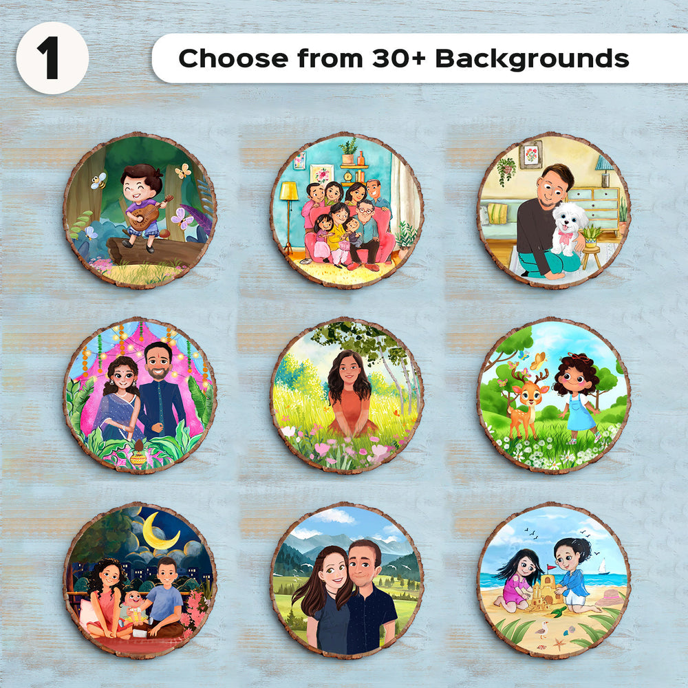Photo Caricature Bark Nameplate With Stand 1 Small Family - Multiple Background Customization Examples