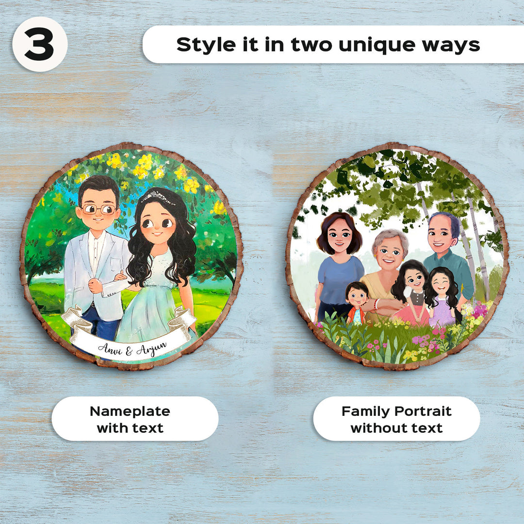 Photo Caricature Bark Nameplate With Stand For Christmas - Two Side-by-Side Design Options