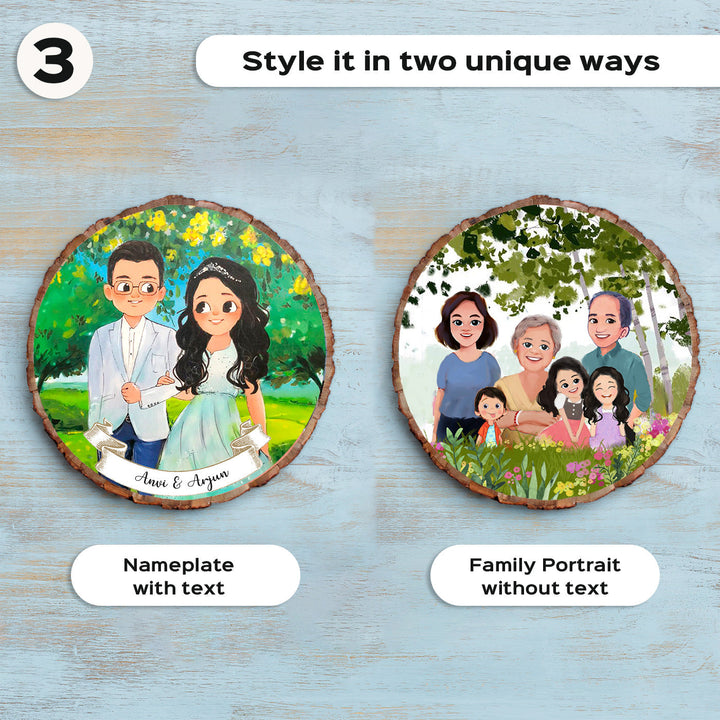 Photo Caricature Bark Nameplate With Stand Copy 1 Small Family - Two Side-by-Side Custom Designs