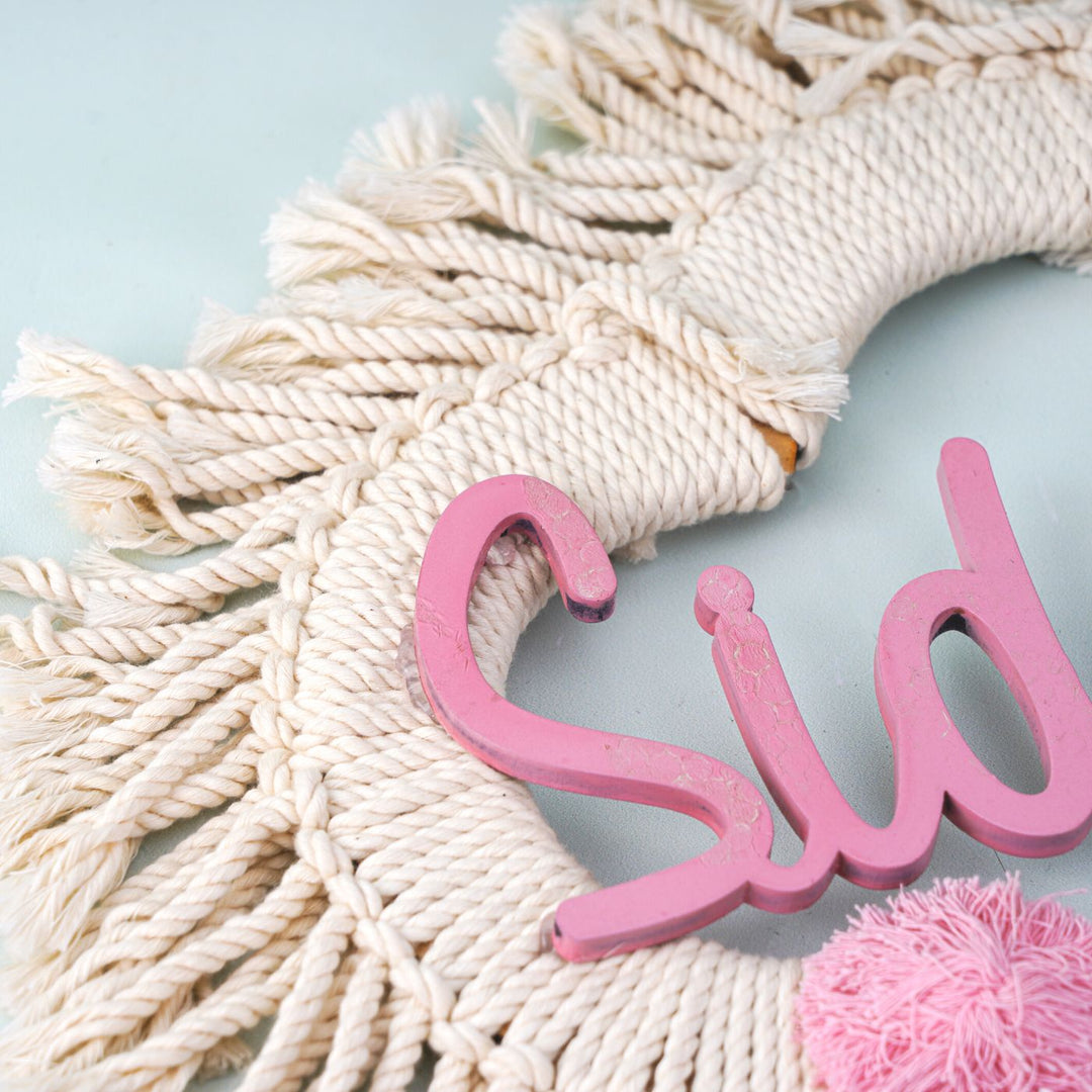 Macrame Cloud Rainbow Personalized Name Plate For Kids - Close-up of Text and Texture