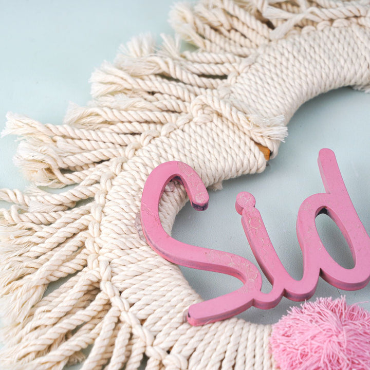 Macrame Cloud Rainbow Personalized Name Plate For Kids - Close-up of Text and Texture