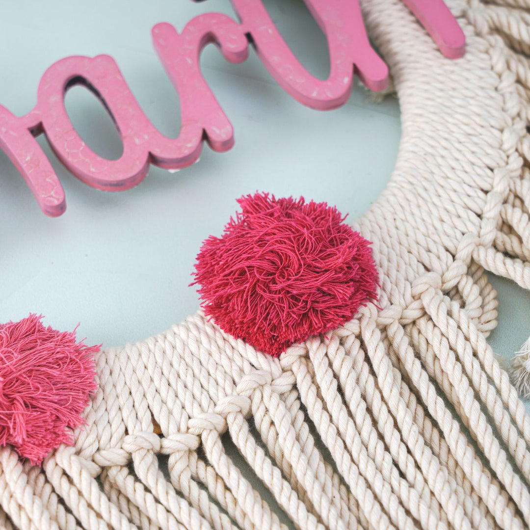 Macrame Cloud Rainbow Personalized Name Plate For Kids - Close-up on Decorative Details
