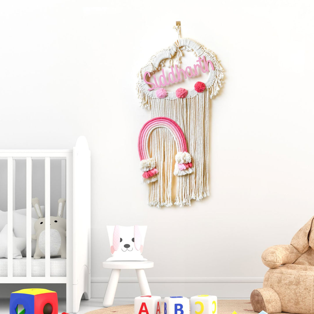 Macrame Cloud Rainbow Personalized Name Plate For Kids - Hanging on Nursery Wall Display