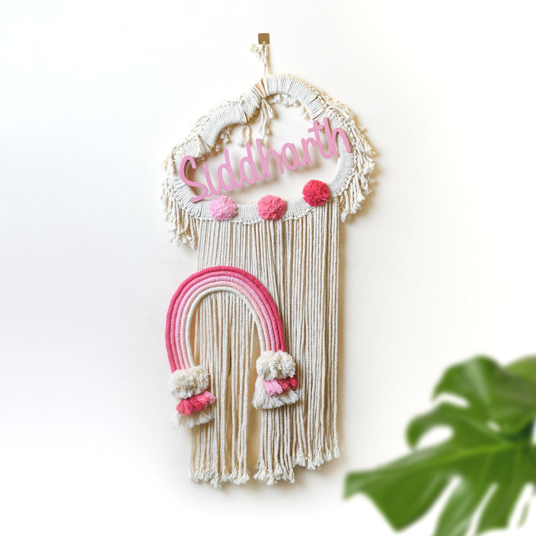 Macrame Cloud Rainbow Personalized Name Plate For Kids - Hanging on Wall Hook Display