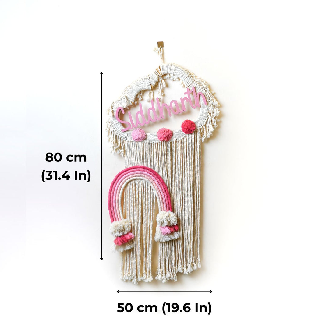 Macrame Cloud Rainbow Personalized Name Plate For Kids - Dimension Chart with Hanging Display