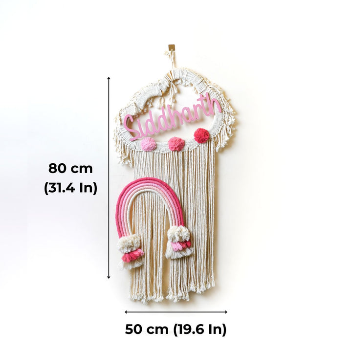 Macrame Cloud Rainbow Personalized Name Plate For Kids - Dimension Chart with Hanging Display