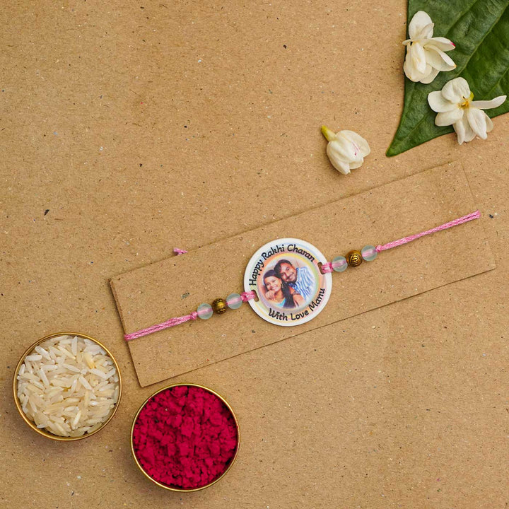 Photo Personalized Handmade Rainbow Acrylic Rakhi With Roli Chawal - Rakhi with festive items on board