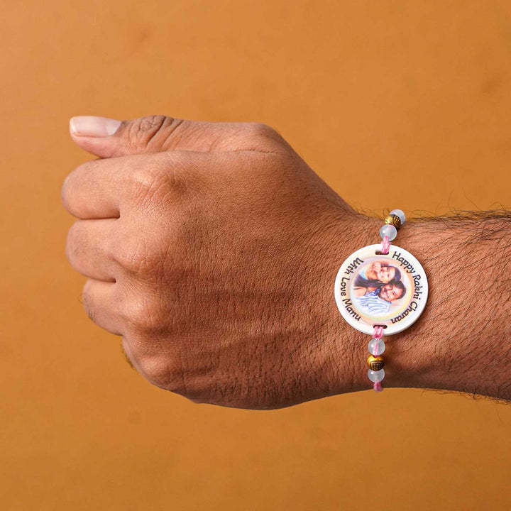 Photo Personalized Handmade Rainbow Acrylic Rakhi With Roli Chawal - Rakhi worn on wrist