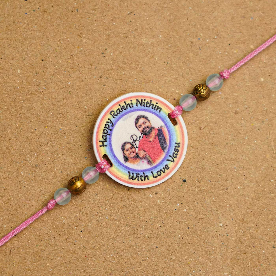 Photo Personalized Handmade Rainbow Acrylic Rakhi With Roli Chawal - Close-up of second personalized rakhi