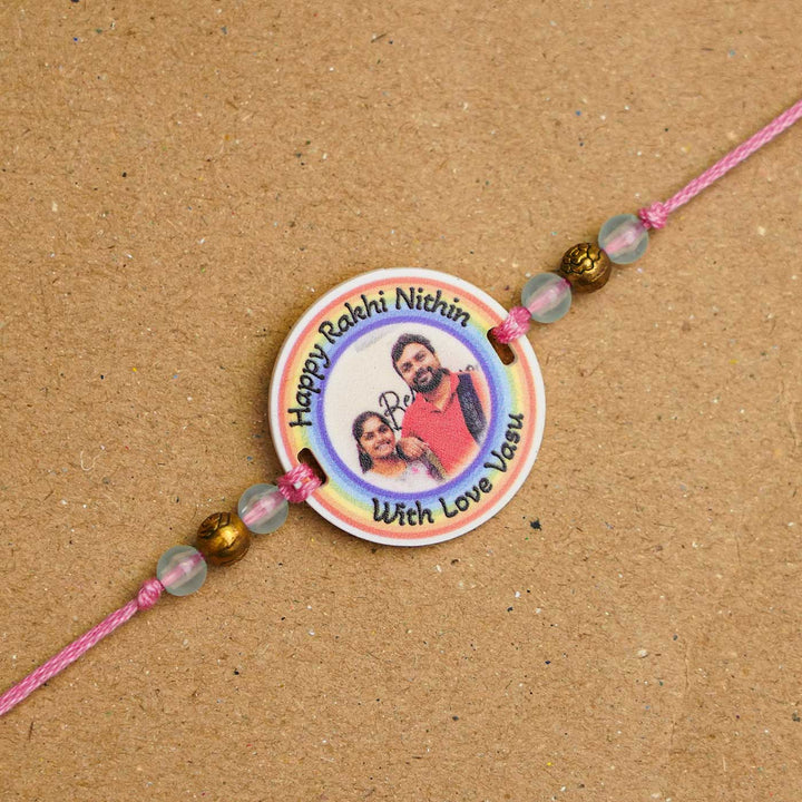 Photo Personalized Handmade Rainbow Acrylic Rakhi With Roli Chawal - Close-up of second personalized rakhi