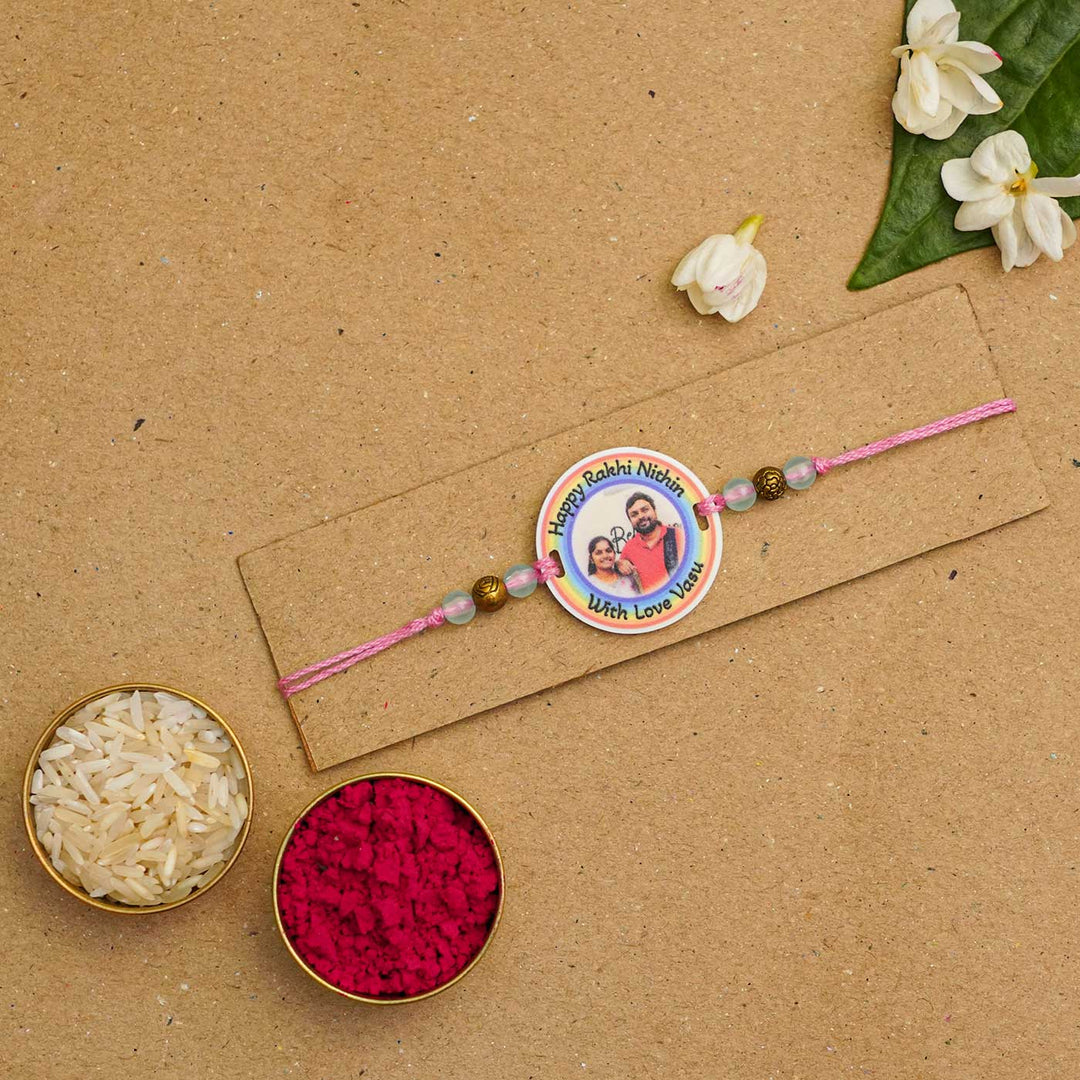Photo Personalized Handmade Rainbow Acrylic Rakhi With Roli Chawal - Second rakhi with festive items