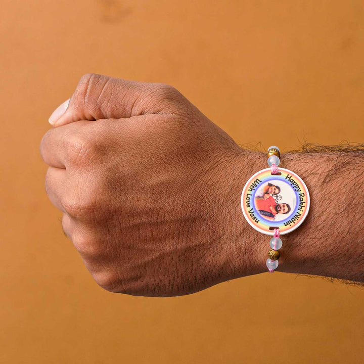 Photo Personalized Handmade Rainbow Acrylic Rakhi With Roli Chawal - Second rakhi worn on wrist