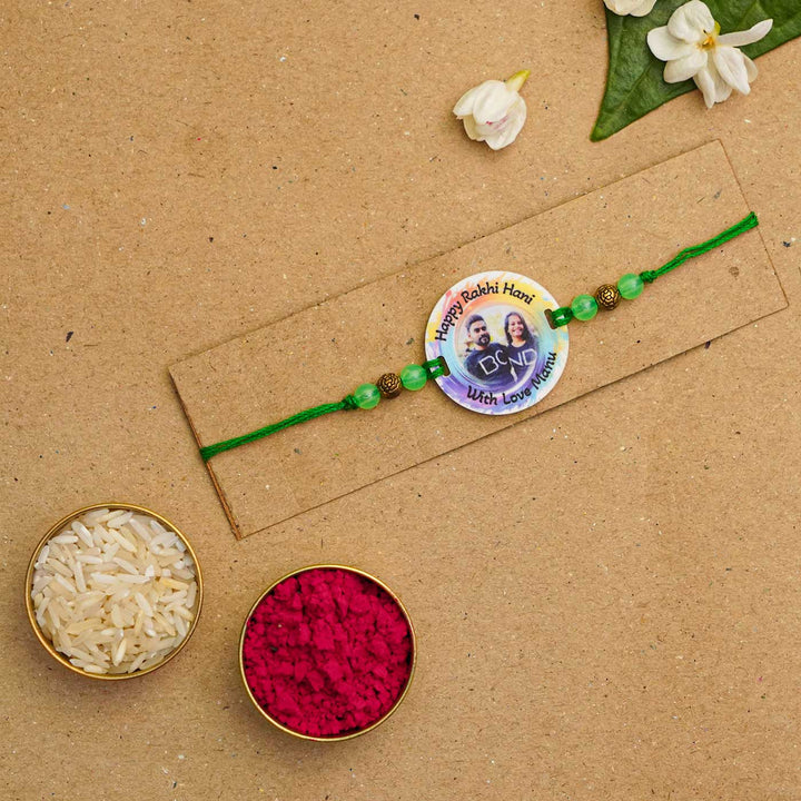 Photo Personalized Handmade Rainbow Acrylic Rakhi With Roli Chawal - Third rakhi with festive items