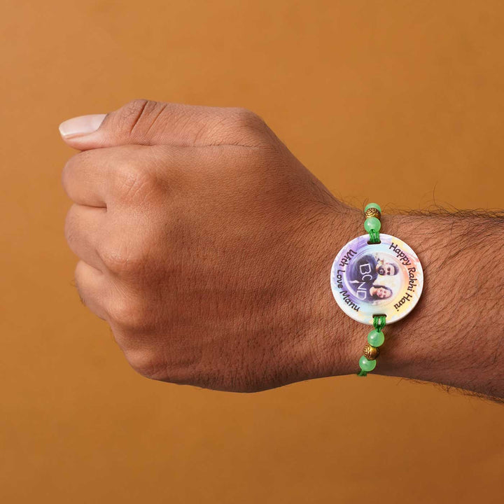 Photo Personalized Handmade Rainbow Acrylic Rakhi With Roli Chawal - Third rakhi worn on wrist