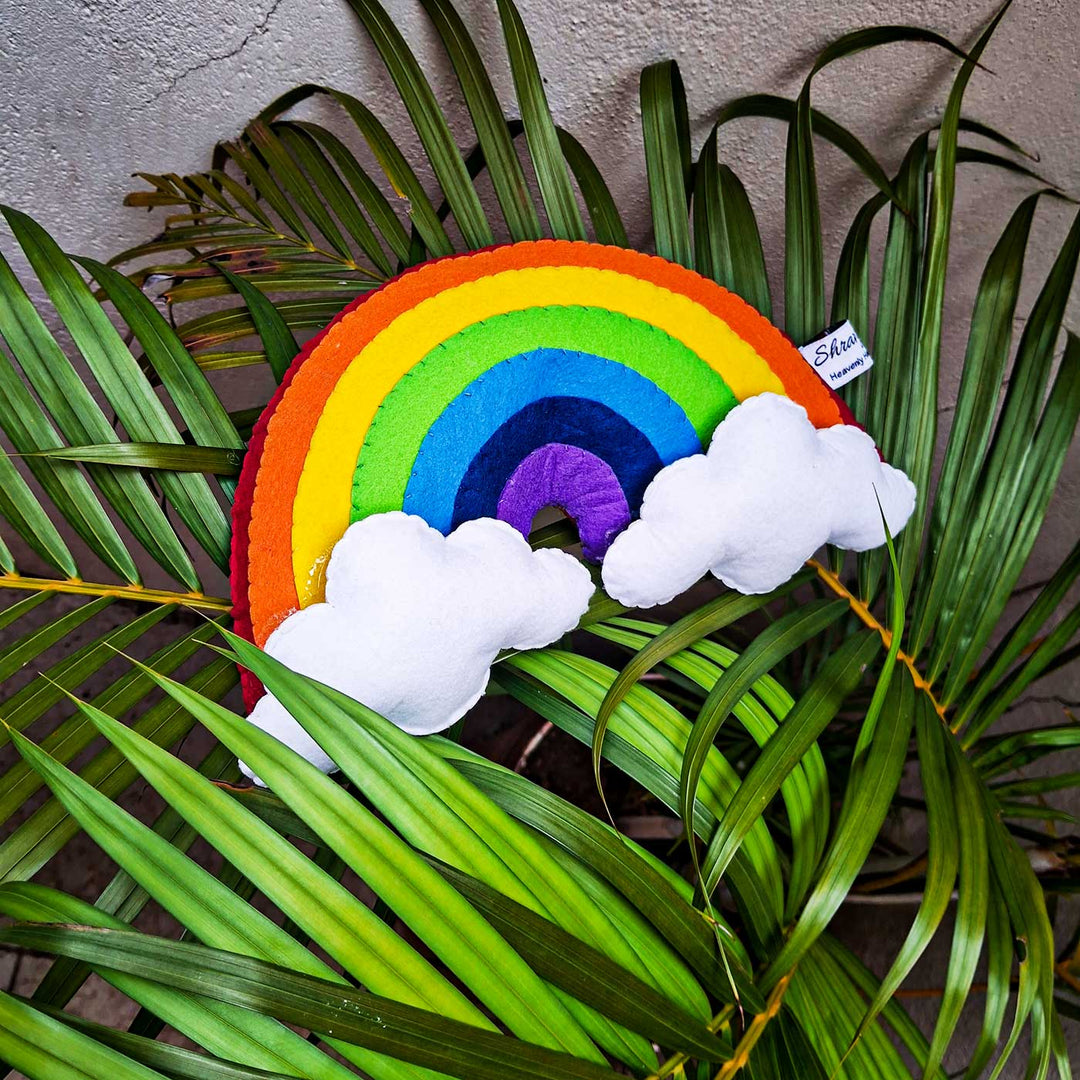 Personalized Rainbow Themed Felt Kids Name Plate - Front View on Plant Leaves