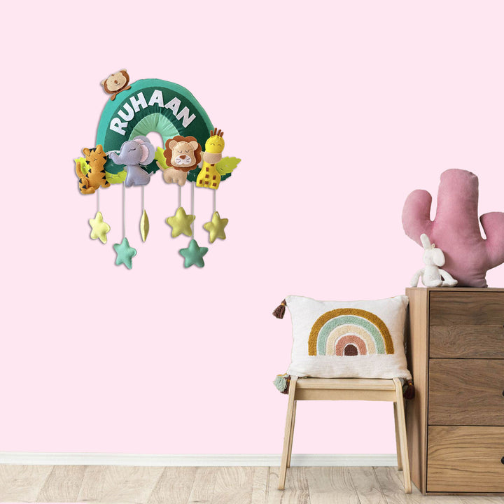 Personalized Felt Jungle Theme Kids Name Plate 1 - Mounted on Wall Showing Name Personalization