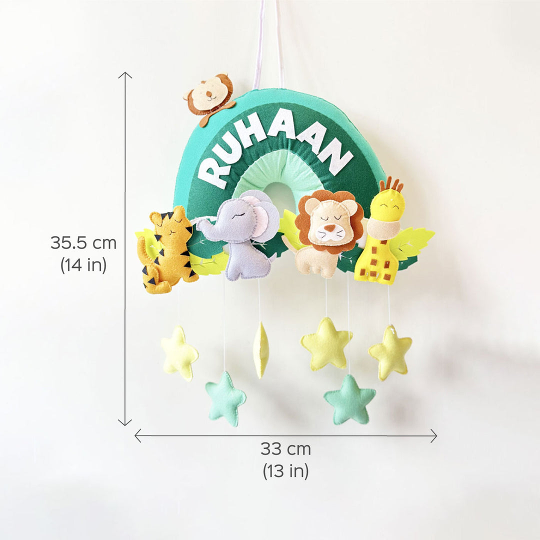Personalized Felt Jungle Theme Kids Name Plate 1 - Front View with Dimensions and Name Personalization