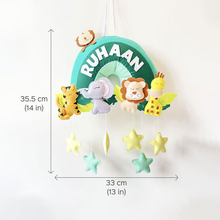 Personalized Felt Jungle Theme Kids Name Plate 1 - Front View with Dimensions and Name Personalization