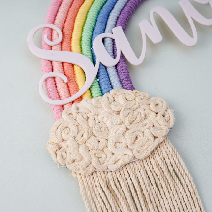 Macrame Rainbow Personalized Name Plate For Kids - Close-up of Handmade Knot Detail
