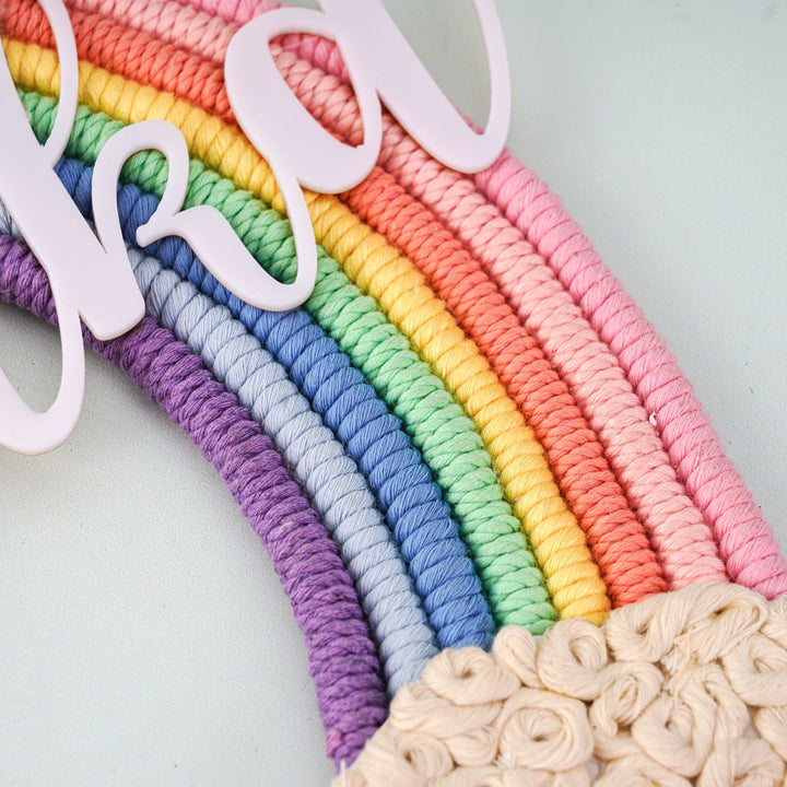 Macrame Rainbow Personalized Name Plate For Kids - Close-up of Rainbow Weave Detail