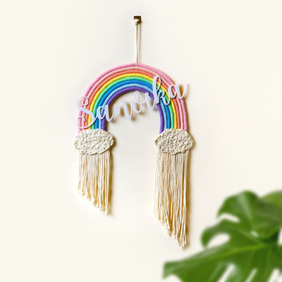 Macrame Rainbow Personalized Name Plate For Kids - Front View Hanging on Wall