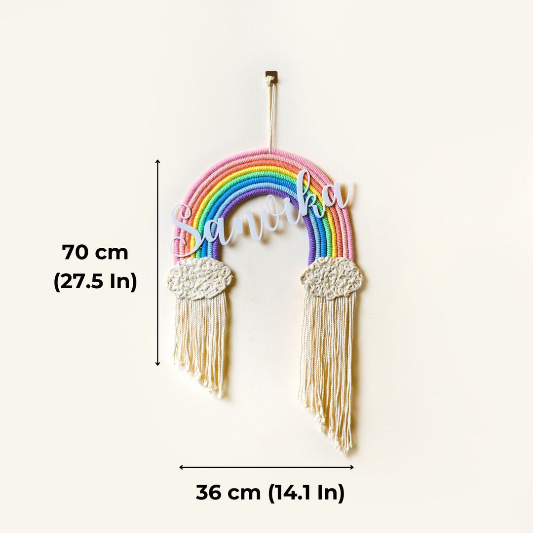 Macrame Rainbow Personalized Name Plate For Kids - Front View with Dimensions