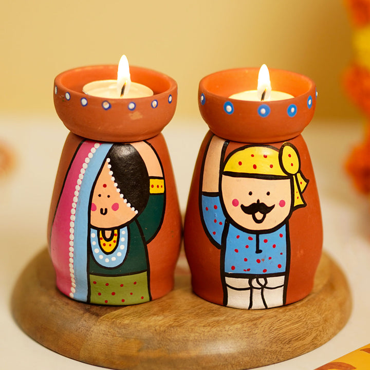 Handpainted Clay Tealight Holders with Rajasthani Couple | Set of 2