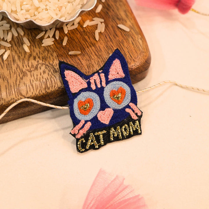 Handmade Thread Embroidered "Cat Mom & Meow Papa" Reusable Rakhi Magnet Set For Bhaiya Bhabhi | Set of 2