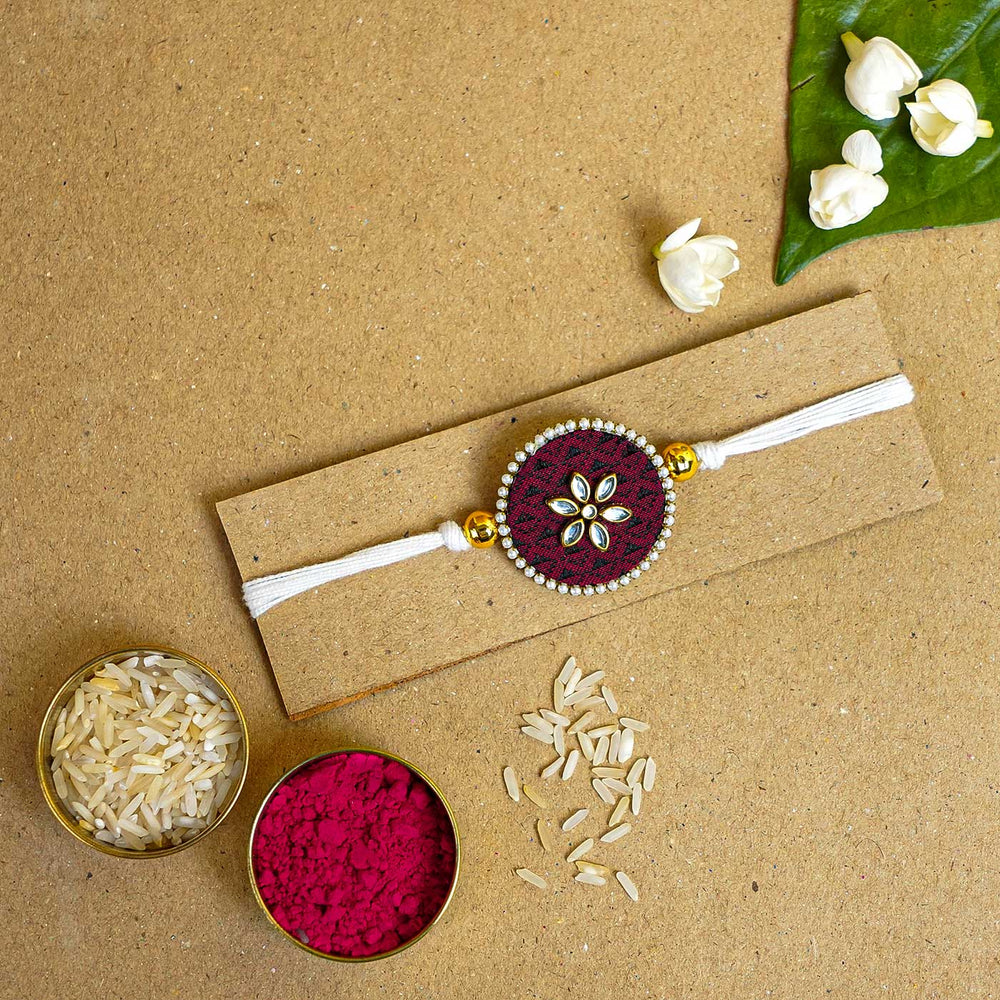 Handmade Brown Round Fabric And Mdf Rakhi With Roli Chawal - Rakhi Presentation with Festive Items