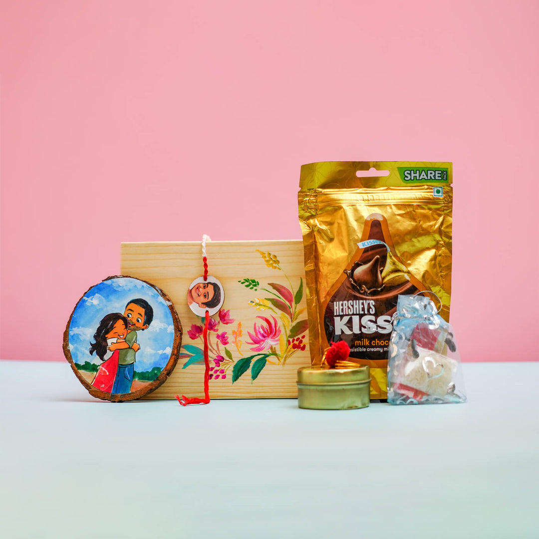 Hand Painted Rakhi Hamper With Fridge Magnet - Grouped Items Front View