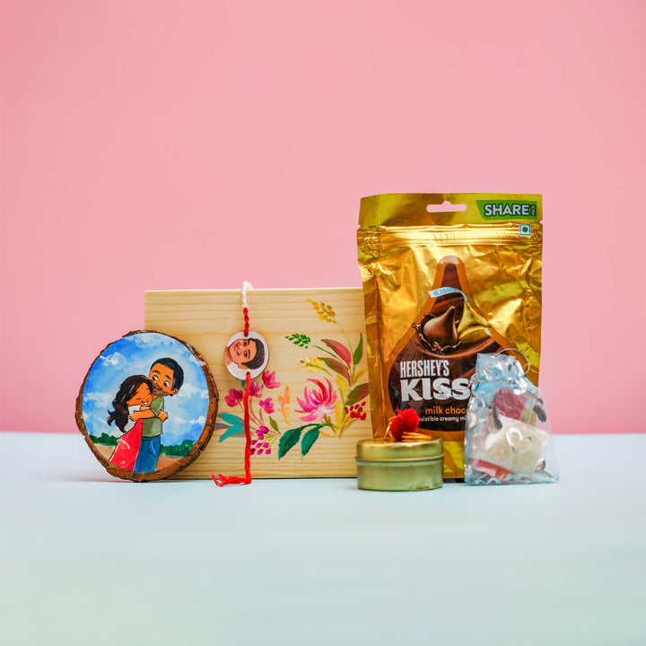 Hand Painted Rakhi Hamper With Fridge Magnet - Grouped Items Front View