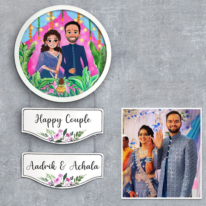 Photo Caricature Hanging Nameplate With 2 Planks Wedding Couples 1 - Wall Hanging with Personalized Plates
