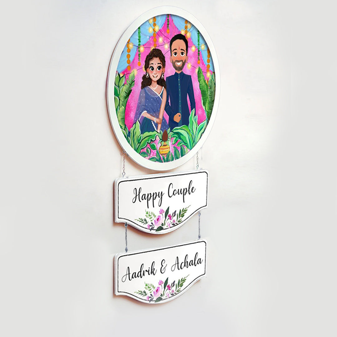 Photo Caricature Hanging Nameplate With 2 Planks Wedding Couples 1 - Hanging Wall Portrait with Nameplates