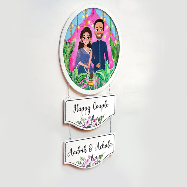 Photo Caricature Hanging Nameplate With 2 Planks Wedding Couples 1 - Hanging Wall Portrait with Nameplates
