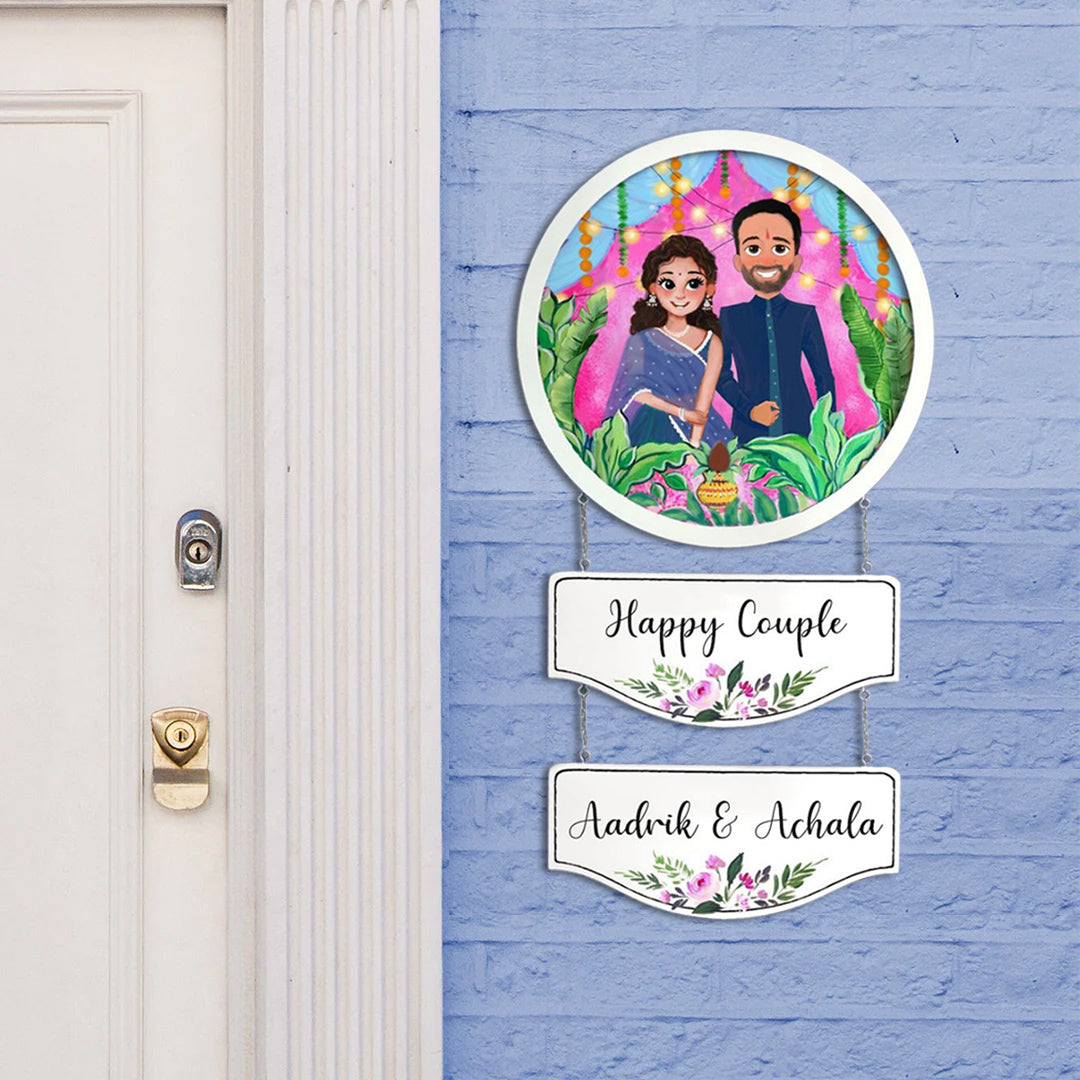 Photo Caricature Hanging Nameplate With 2 Planks Wedding Couples 1 - Mounted on Exterior Wall Display