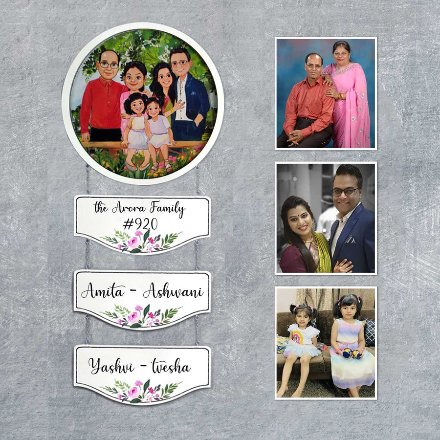 Photo Caricature Hanging Nameplate With 3 Planks For Large Family - Hanging Family Caricature with Nameplates