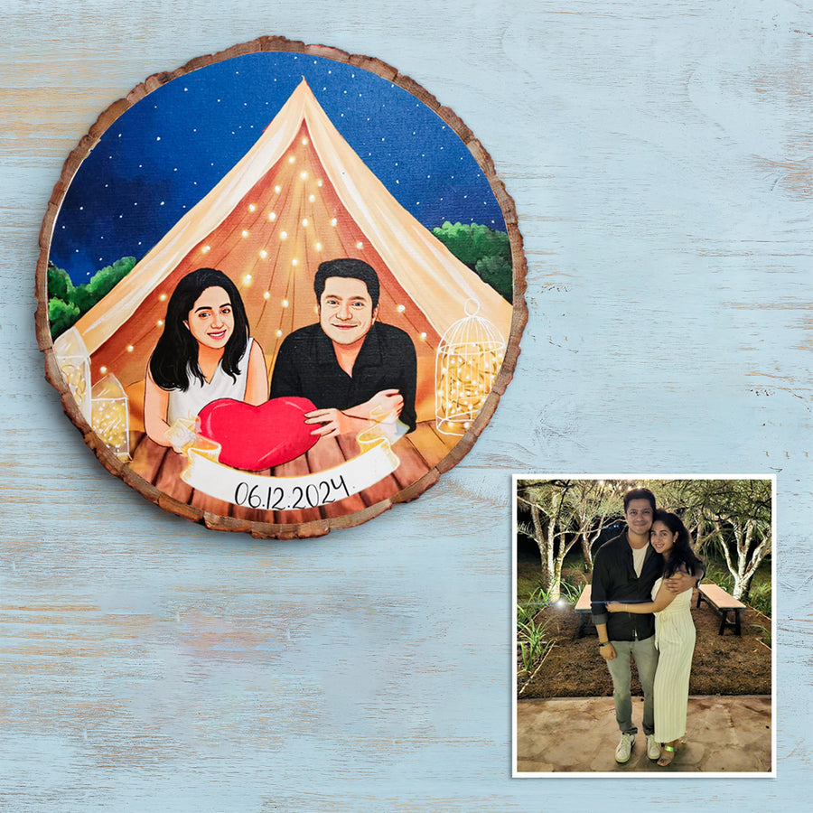 Photo Caricature Bark Nameplate With Stand For Wedding Photos Copy - Personalized Wood Slice Portrait Display