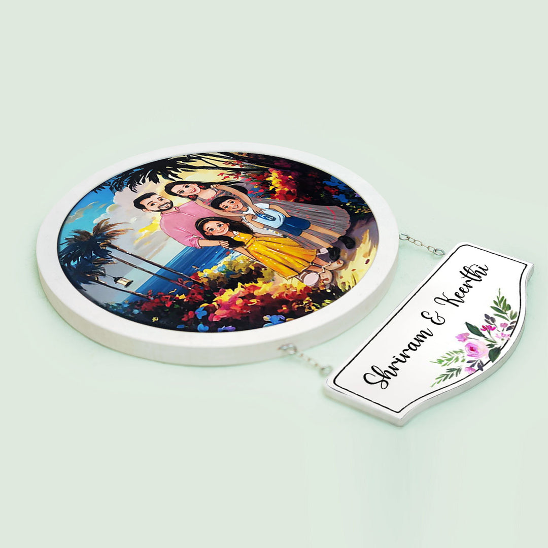 Photo Caricature Hanging Nameplate For Small Family 12 - Top Angled View with Nameplate