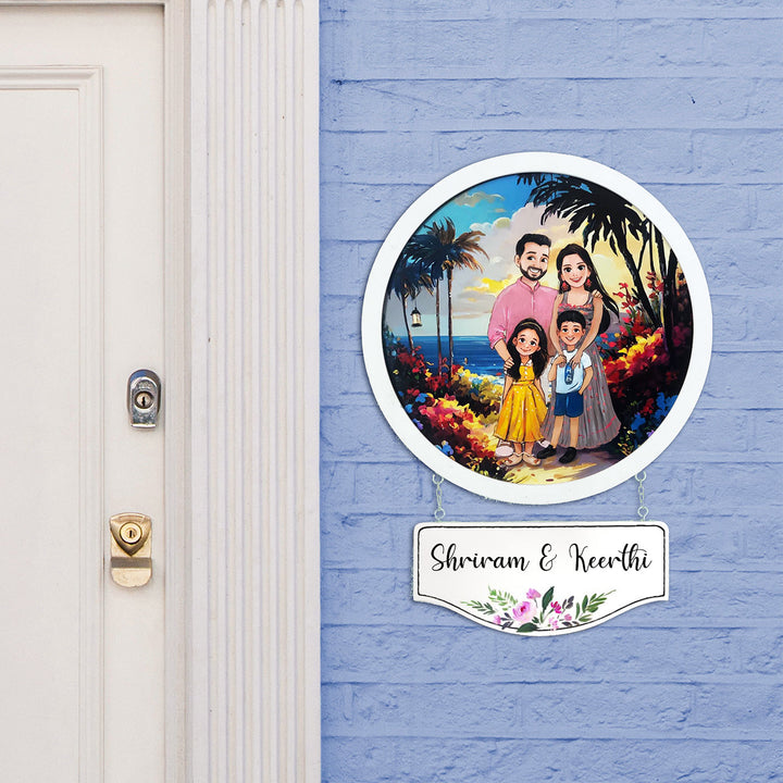 Photo Caricature Hanging Nameplate For Small Family 12 - Mounted on Exterior Wall with Nameplate